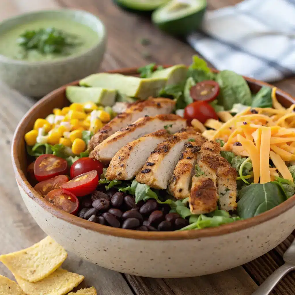 A colorful Southwest Chicken Salad with grilled chicken, mixed greens, corn, black beans, avocado slices, cherry tomatoes, shredded cheese, and crunchy tortilla strips, topped with creamy cilantro-lime dressing, served in a rustic bowl on a wooden table.