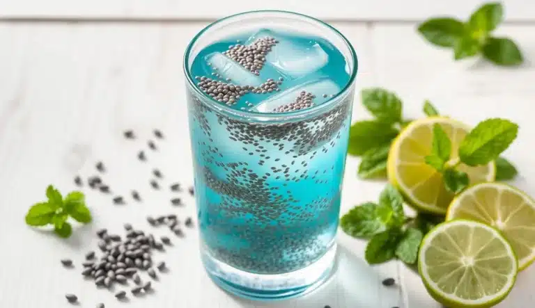 Glass of chia water with lemon slice and mint, alongside ingredients and 3-step instructions for a healthy hydration recipe.