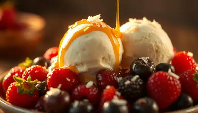 Creamy homemade cottage cheese ice cream served in a bowl with fresh fruit garnish
