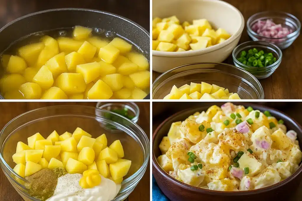 A four-panel collage showing step-by-step preparation of potato salad: boiling diced potatoes, combining cooked potatoes with red onions and green onions, mixing in mayonnaise and mustard, and the final creamy salad garnished with paprika.