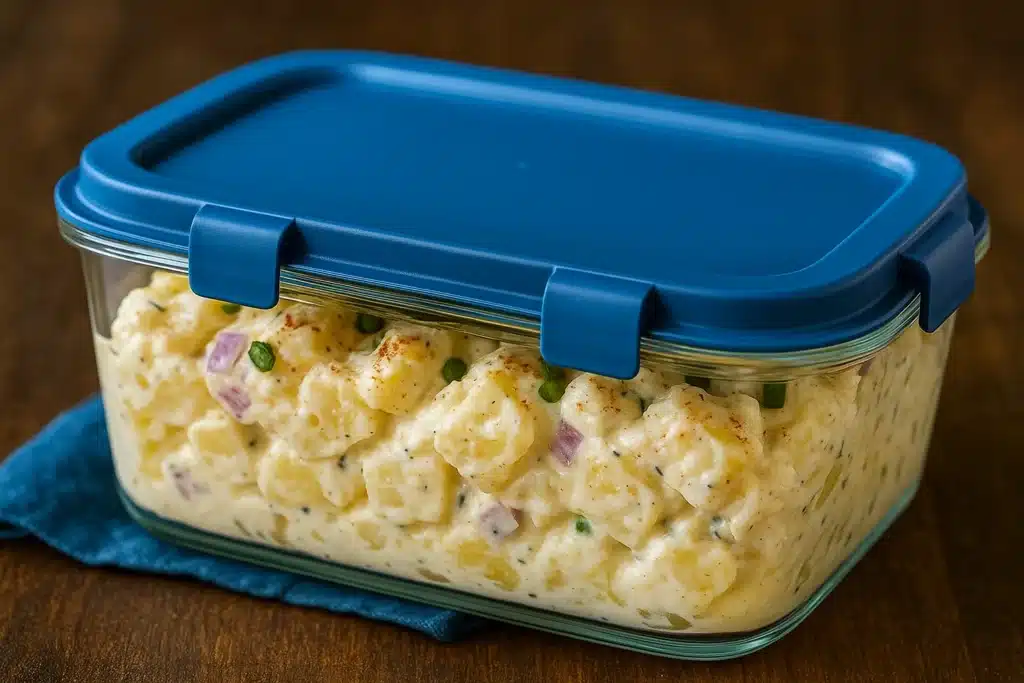 Glass storage container filled with creamy potato salad, sealed with a blue lid, sitting on a wooden table — perfect for storing leftovers or making the recipe ahead.