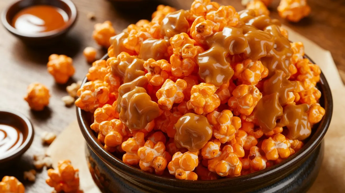 Freshly popped caramel and cheese popcorn mixed together in a bowl with a cozy kitchen background