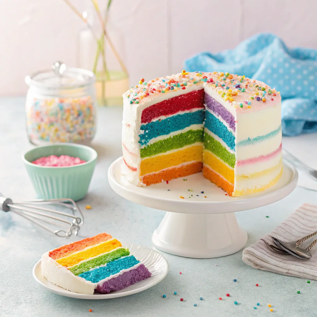  Slice of vanilla rainbow cake showing six colorful layers with smooth white buttercream frosting on a plate.