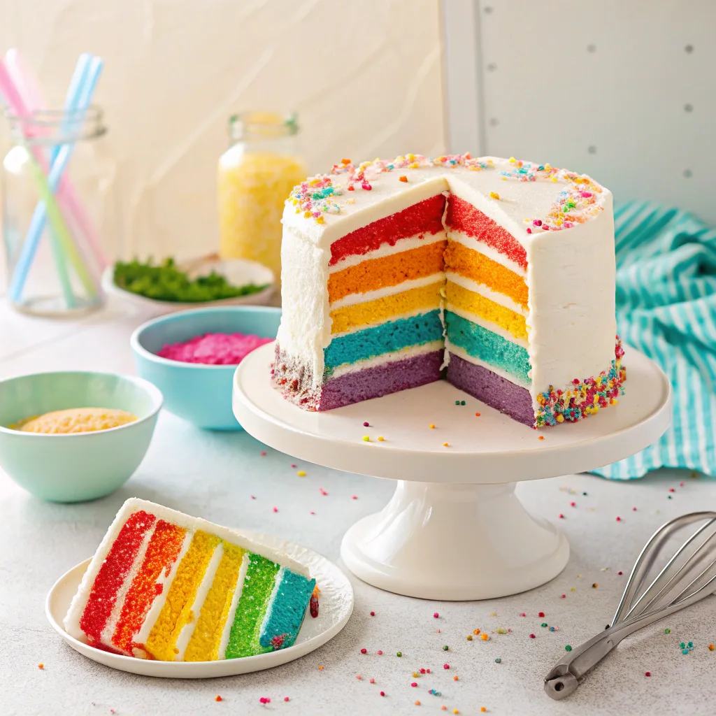 Six colorful rainbow cake layers cooling on a wire rack, showing vibrant red, orange, yellow, green, blue, and purple colors.