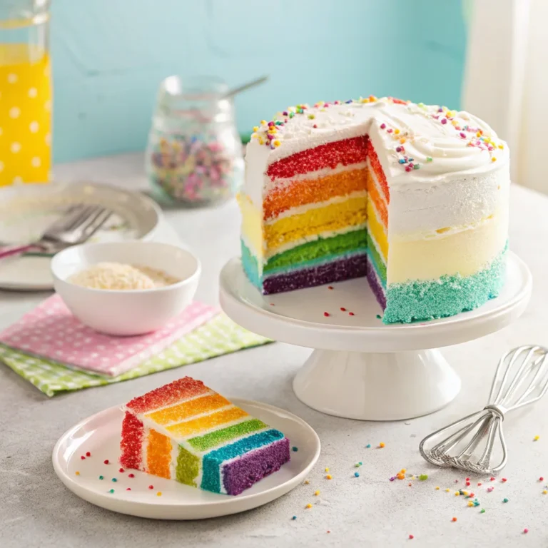Slice of moist vanilla rainbow cake with six colorful layers and creamy buttercream frosting