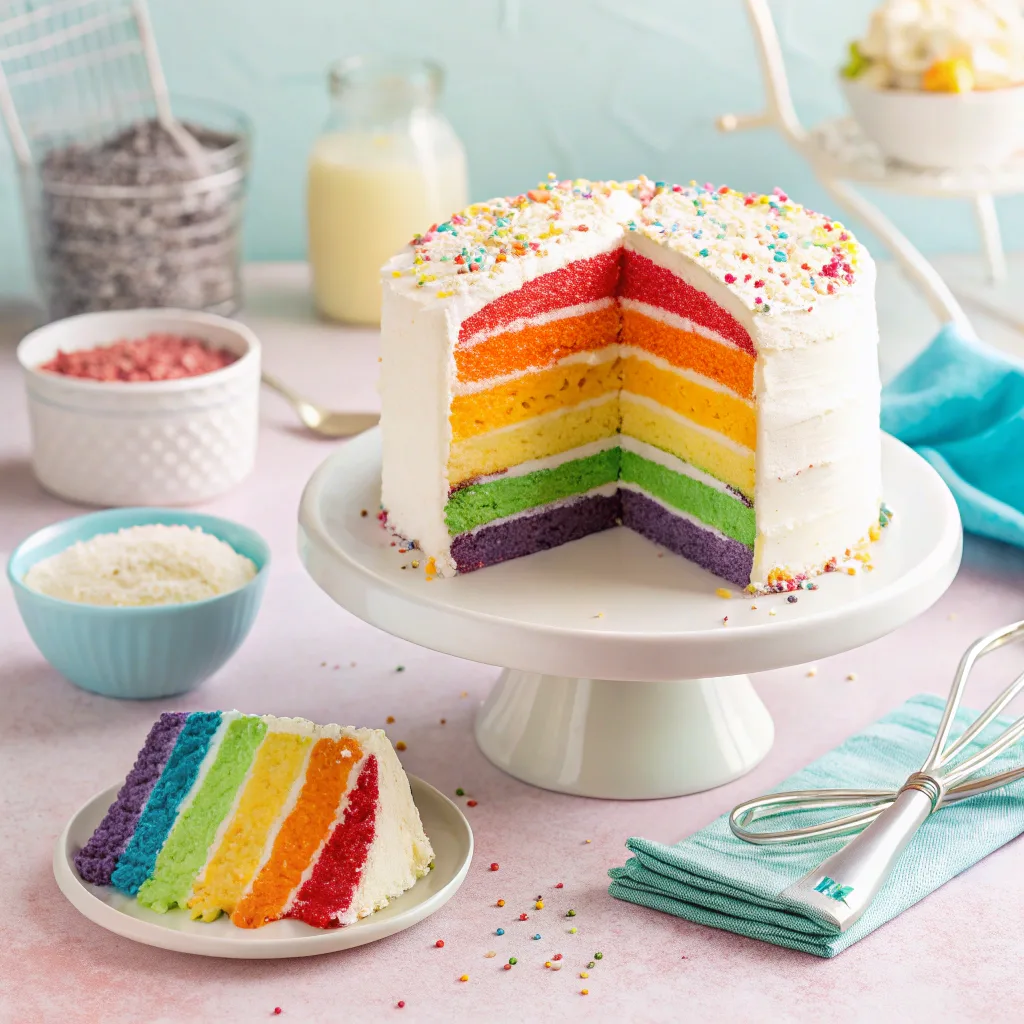 Colorful layered rainbow cake with white frosting and sprinkles, displayed on a cake stand with a pastel background – perfect for birthdays and celebrations.