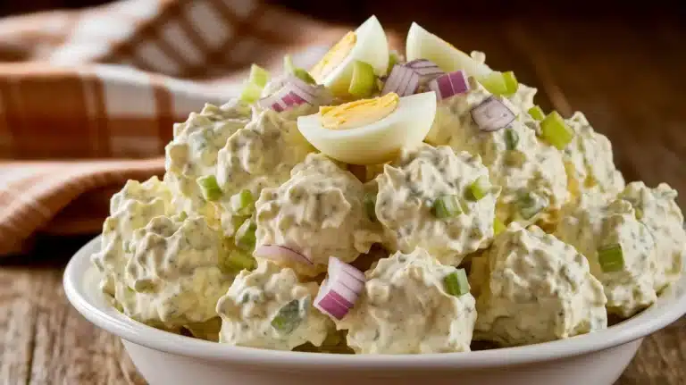 Bowl of creamy homemade potato salad featuring diced potatoes, red onions, green onions, and a sprinkle of paprika — a classic side dish recipe.