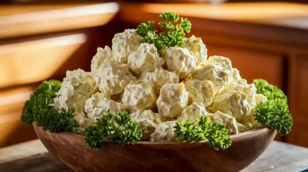  Glass container filled with creamy homemade potato salad, featuring diced potatoes, red onions, and green onions, sealed with a blue airtight lid on a wooden surface — ideal for make-ahead meal prep or storage.