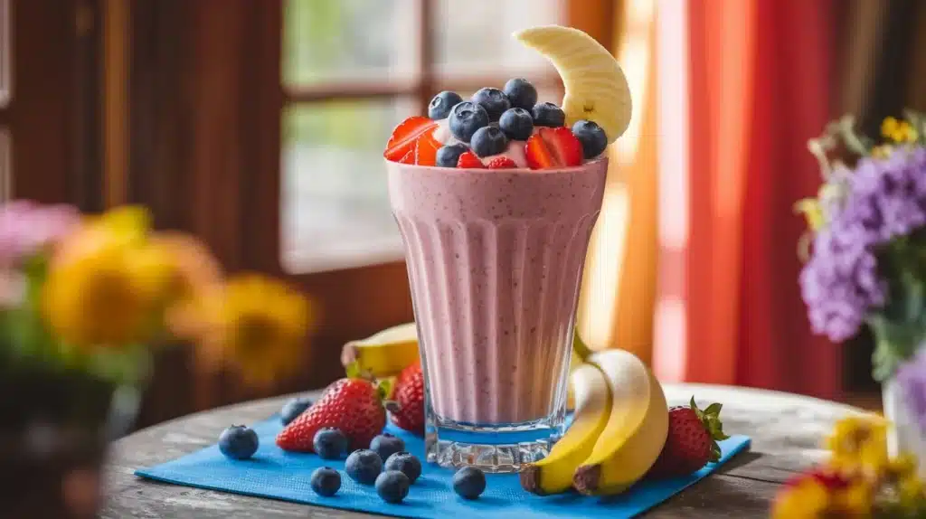 Close-up of a vibrant banana berry smoothie with fresh fruit on top, perfect for breakfast or post-workout.