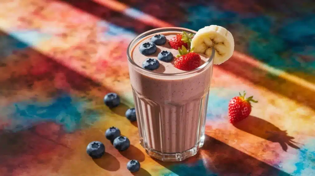 A tall glass of creamy banana berry protein smoothie topped with fresh strawberries, blueberries, and a banana slice.