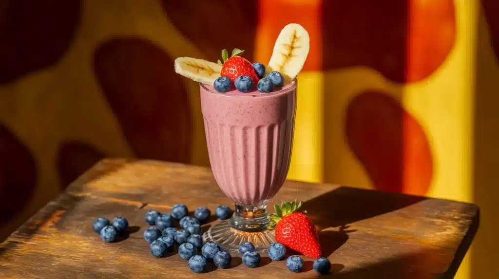 Healthy banana berry protein smoothie in a glass on a wooden table, garnished with berries and chia seeds.