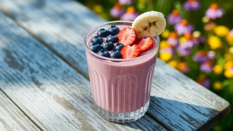 Freshly blended banana berry protein smoothie served in a clear glass, colorful and visually appealing.