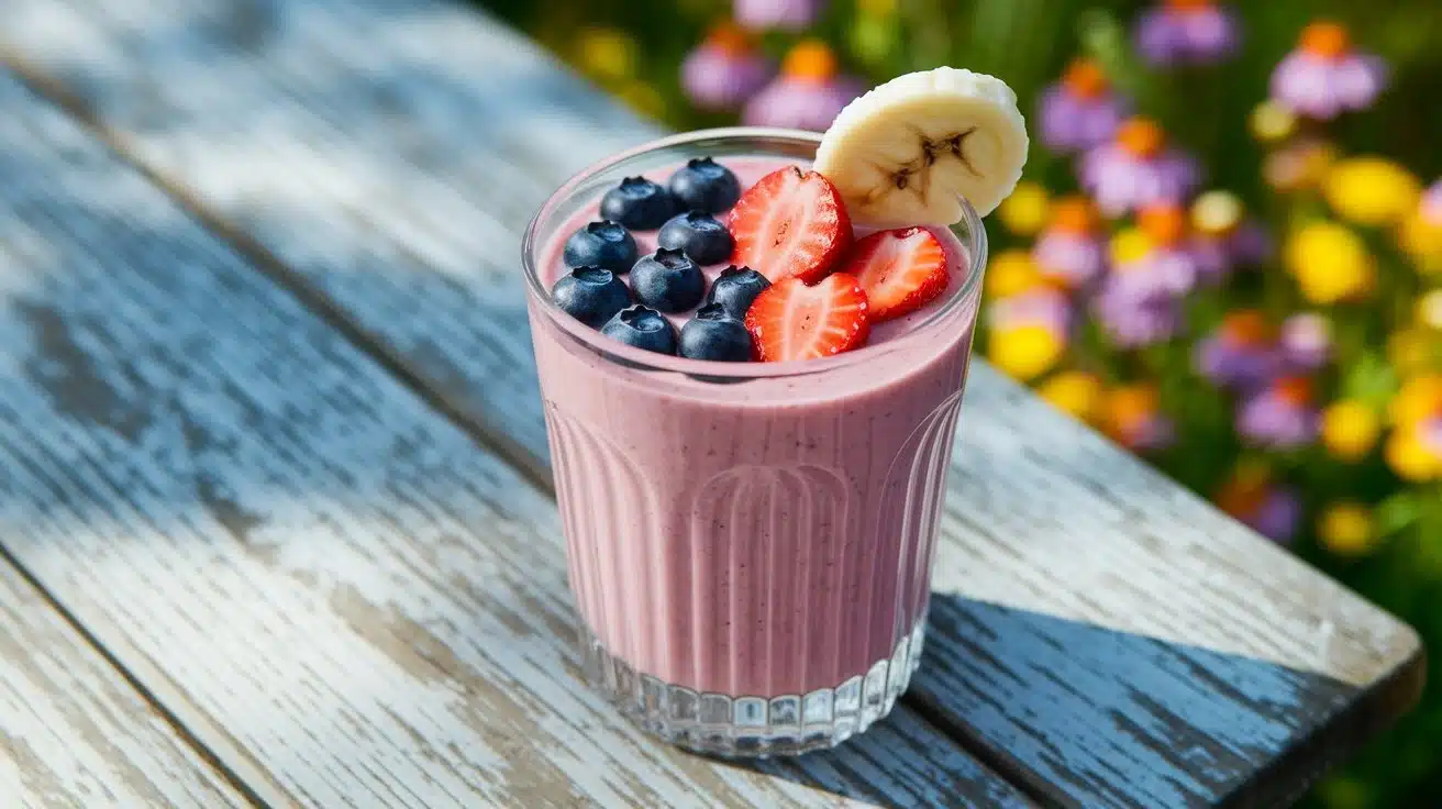 Freshly blended banana berry protein smoothie served in a clear glass, colorful and visually appealing.