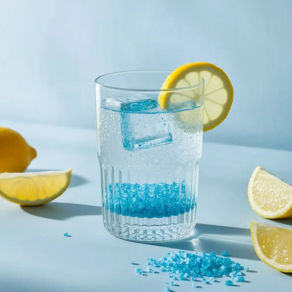 Refreshing glass of sparkling water with blue Persian salt crystals, lemon slice, and ice cubes on a minimalist countertop.