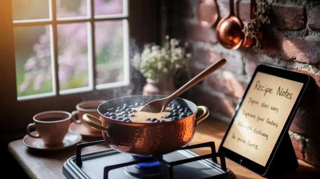 Blueberry coffee syrup recipe with homemade syrup in glass jar, fresh blueberries, and printed cooking directions.
