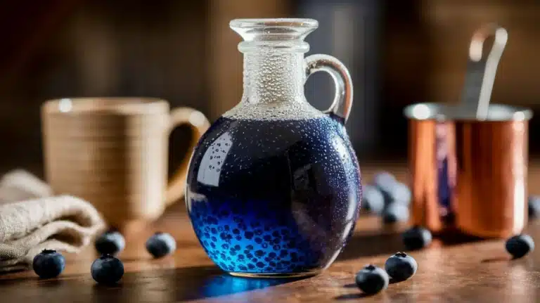Blueberry coffee syrup recipe card featuring homemade syrup in jar, fresh blueberries, and step-by-step instructions.