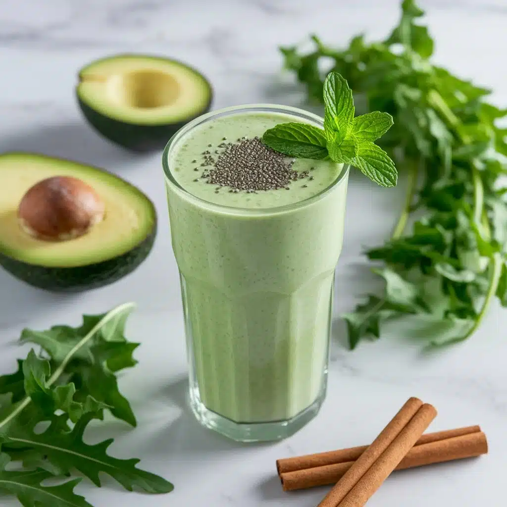 Green smoothie topped with chia seeds and mint, with avocado halves, leafy greens, and cinnamon sticks on a white marble surface.