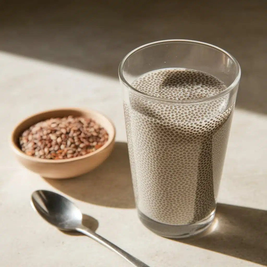Glass of water mixed with chia, flax, and psyllium seeds forming a gel, with a bowl of mixed seeds and spoon on a neutral kitchen counter.