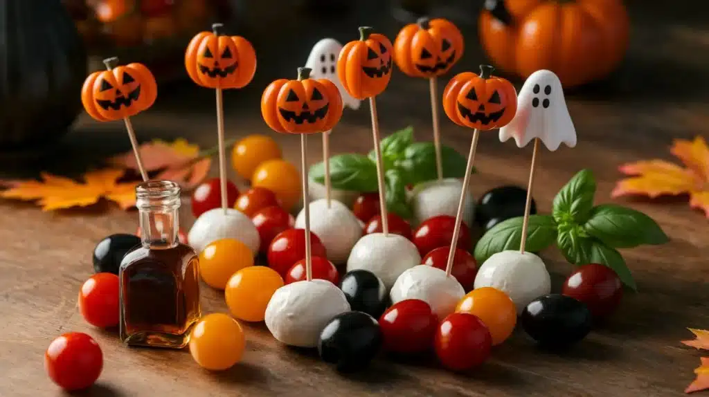 Fresh ingredients for Halloween Caprese Salad Skewers including mozzarella balls, cherry tomatoes, basil leaves, black olives, skewers, and balsamic glaze on a rustic wooden table.