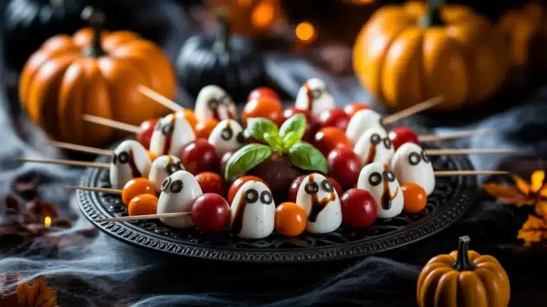 Halloween Caprese Salad Skewers on a dark platter with mozzarella ghosts, cherry tomatoes, basil leaves, and balsamic drizzle surrounded by pumpkins and spooky Halloween decorations.
