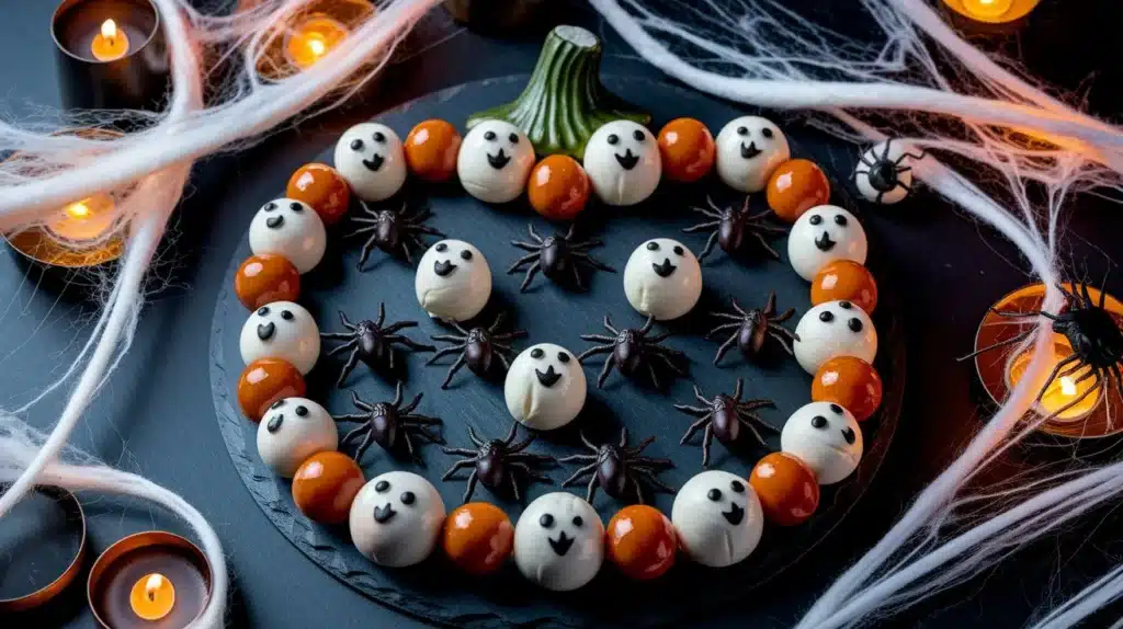 Halloween party appetizer platter featuring Caprese Salad Skewers, mummy hot dogs, deviled eggs, and festive decorations like pumpkins, bats, and candles.