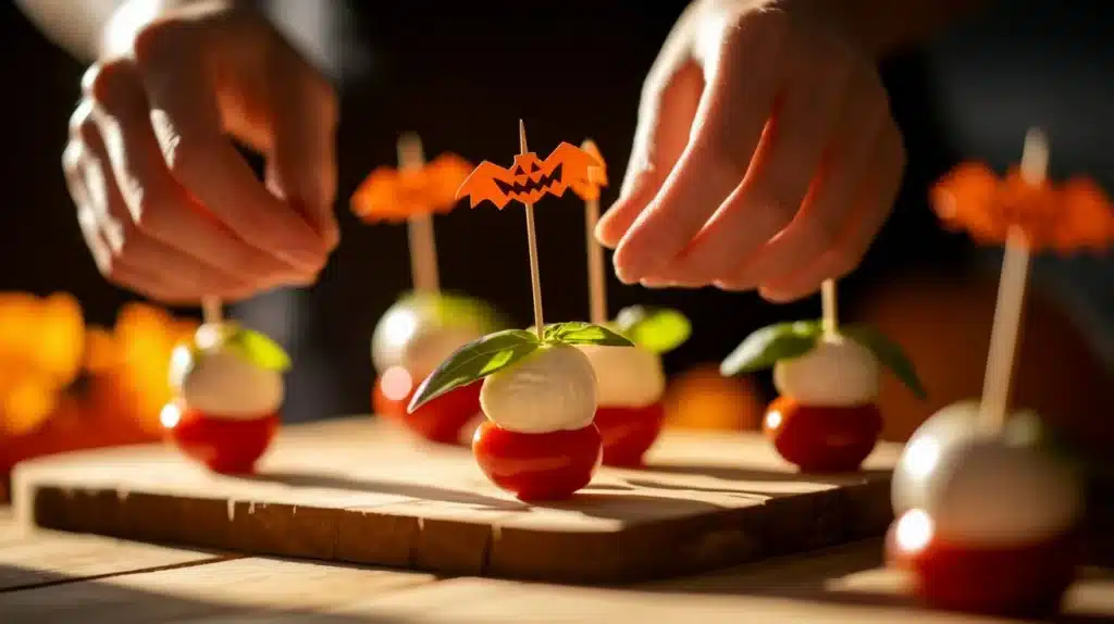 Close-up of hands assembling Halloween Caprese Salad Skewers with tomato, basil, and mozzarella ball on a festive pick.