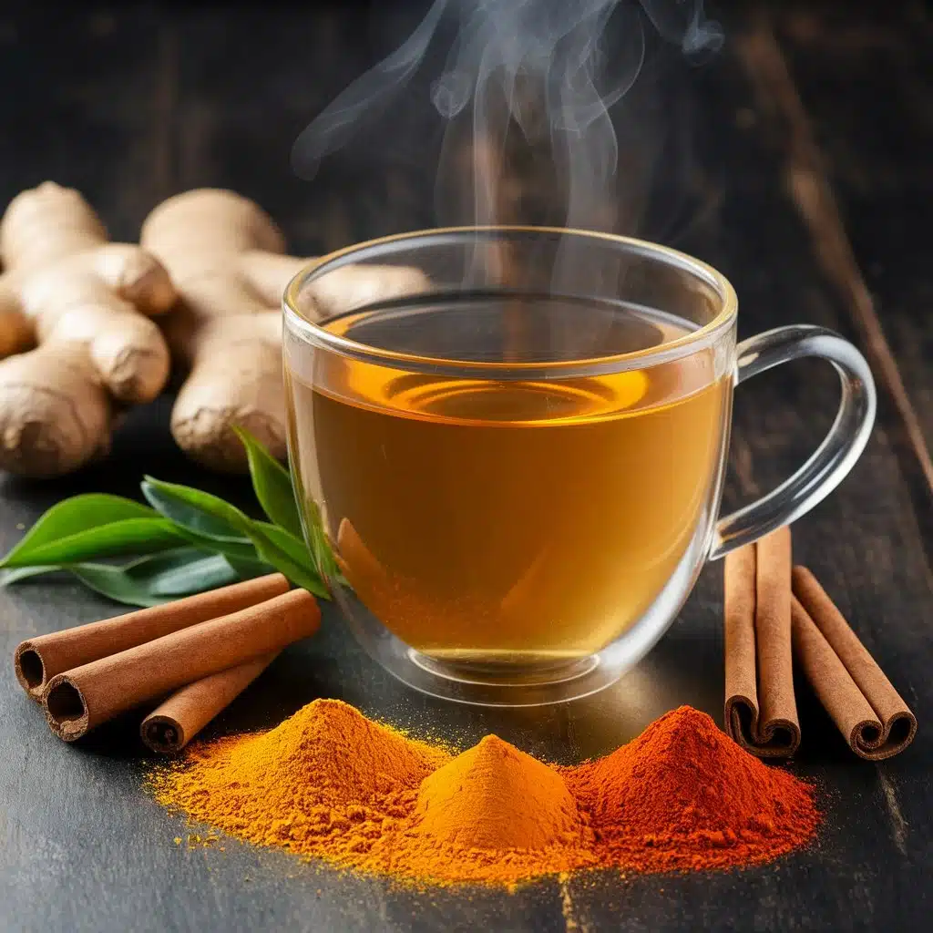 Transparent mug of steaming herbal tea with turmeric, ginger, and cinnamon, surrounded by fresh and dried herbs on a rustic wooden table.