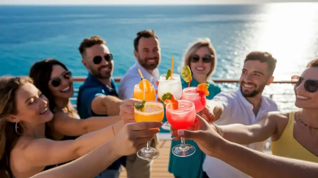 Group of friends clinking cocktail glasses on cruise ship deck with ocean background, enjoying cruise drink package