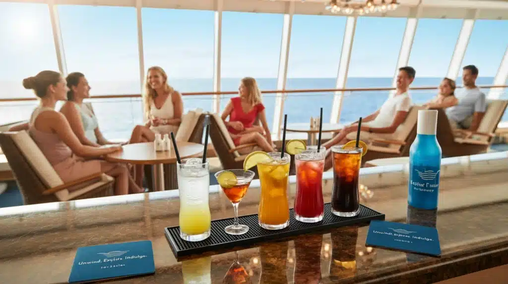 Cruise drink package bar with colorful cocktails and sodas, travelers enjoying drinks in bright daylight