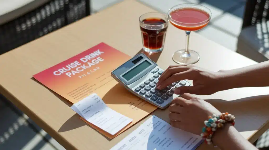Hands using calculator near cruise drink package flyer and receipt, budgeting cruise drink package costs