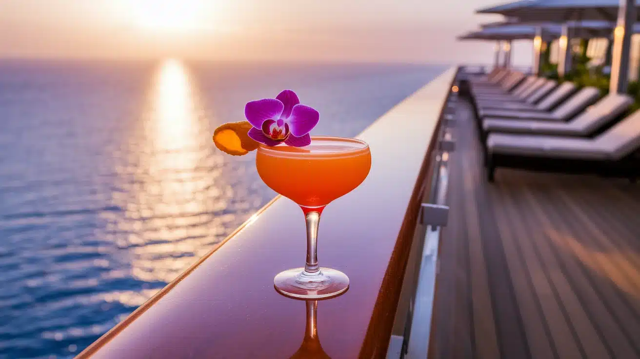 Bar area showcasing a variety of drinks included in a cruise drink package with happy passengers enjoying cocktails