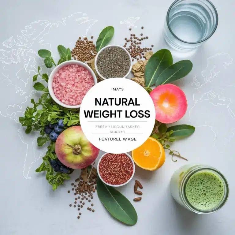 Fresh natural weight loss ingredients including pink Himalayan salt, chia seeds, leafy greens, fruits, and herbal spices arranged with hydration elements on a light background with a subtle world map overlay.