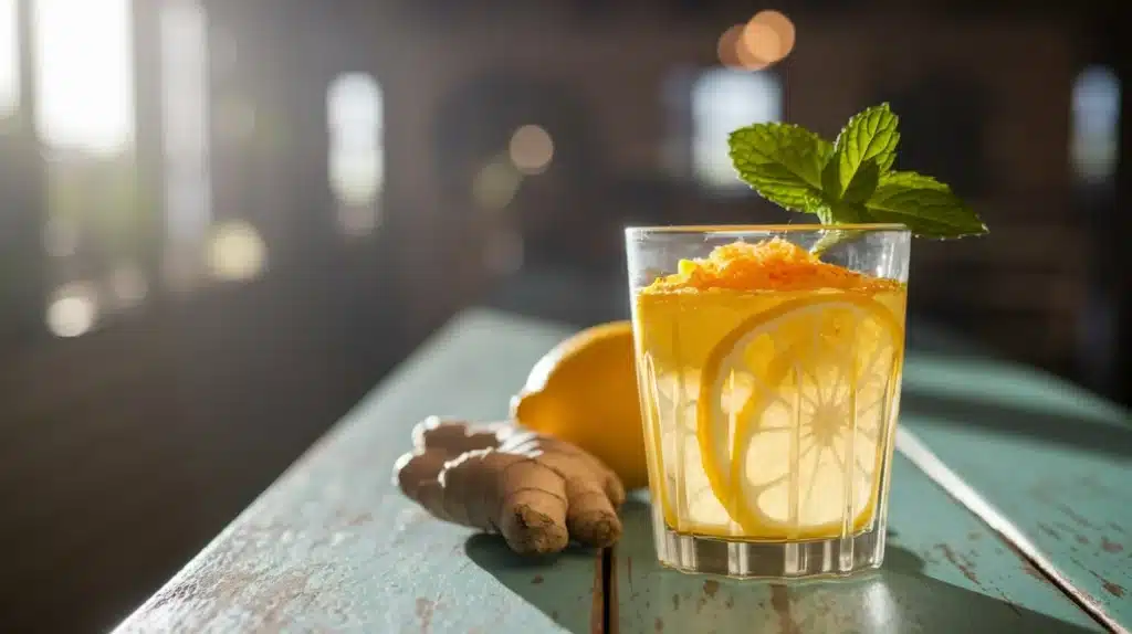 Glass of natural weight-loss drink with lemon slices, grated ginger, and mint on a rustic wooden table, bright and fresh morning light