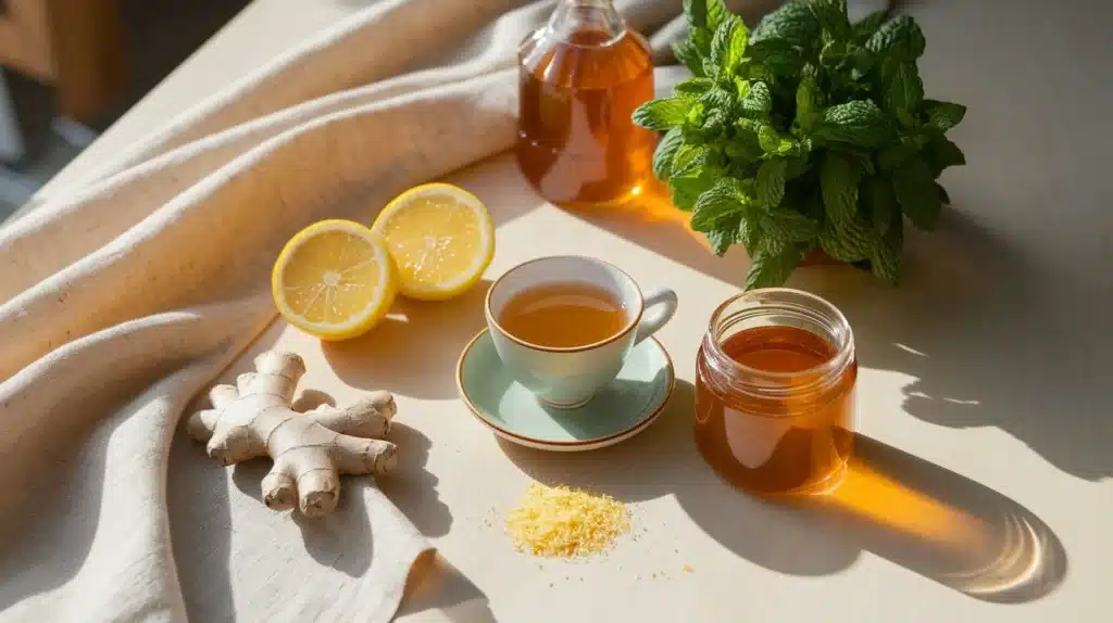 Overhead view of ingredients for Zepbound-inspired drink: green tea, lemon halves, grated ginger, honey, apple cider vinegar, and mint leaves on a wooden surface