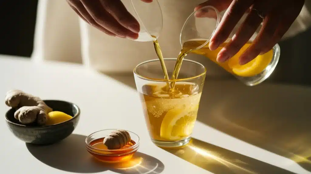 Hands pouring green tea into a glass, adding lemon juice and apple cider vinegar, with grated ginger and honey nearby, preparing a healthy weight-loss drink