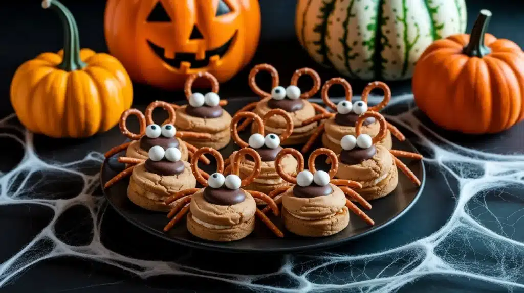 Plate of peanut butter Halloween bug cookies decorated with candy eyes, chocolate bodies, and pretzel legs.