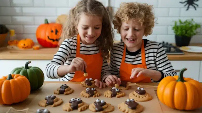 Children decorating peanut butter Halloween bug cookies with candy and chocolate.
