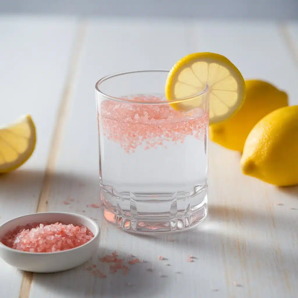Glass of water with pink Himalayan salt and lemon wedge on a wooden table, surrounded by fresh lemons and pink salt bowl.