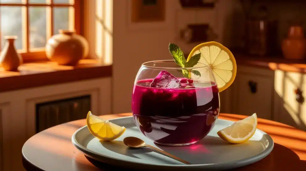 Glass of vibrant beetroot juice with chia seeds over ice, garnished with lemon and mint.