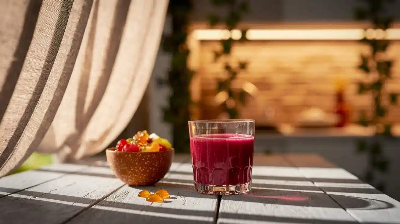 Beetroot juice with chia seeds served on a breakfast table with fresh fruit and granola, bright natural lighting.