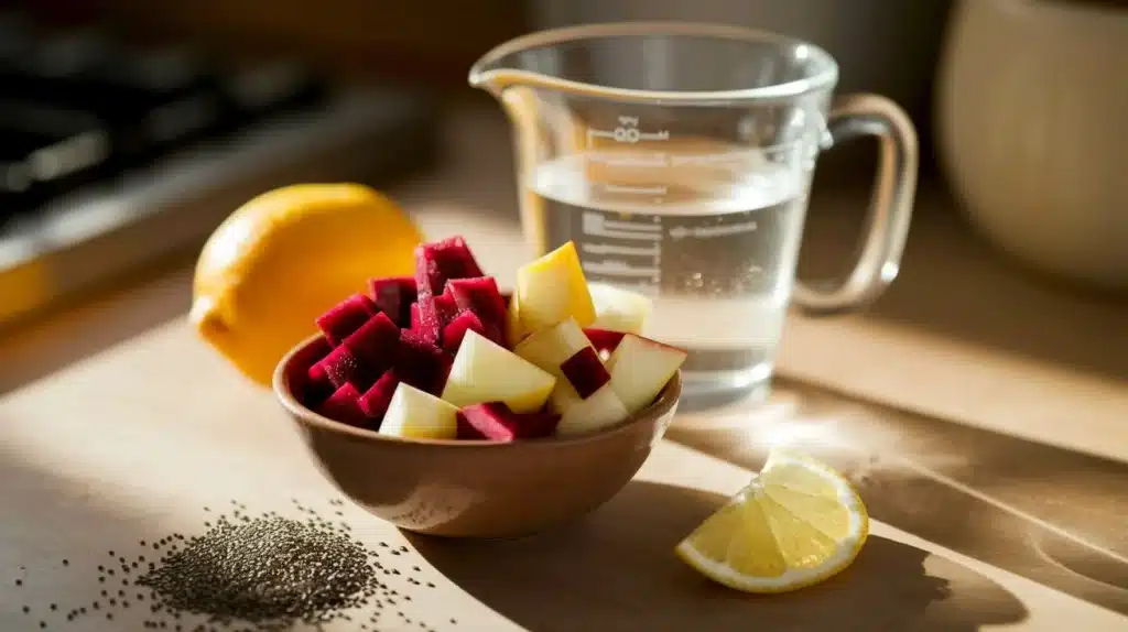 Ingredients for beetroot juice with chia seeds laid out on a kitchen counter.