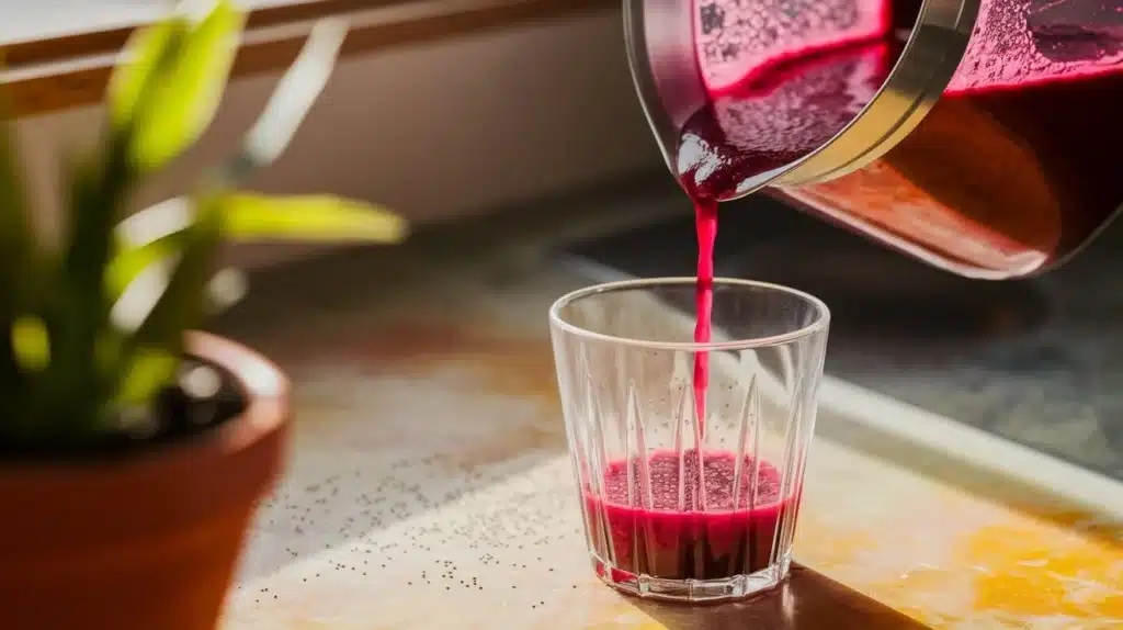 Pouring freshly blended beetroot juice into a glass and adding soaked chia seeds.