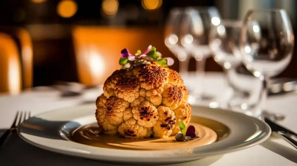 Golden roasted cauliflower served in a rustic cast iron skillet with roasted potatoes and herbs, farmhouse kitchen style.