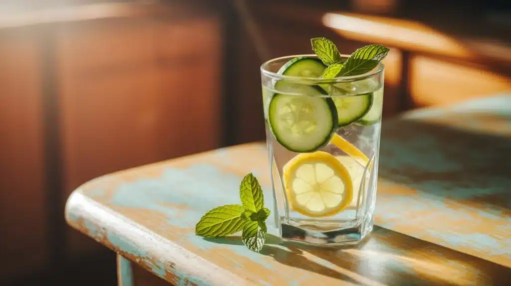 Glass of cucumber lemon water with cucumber and lemon slices, garnished with mint leaves, set on a wooden table, reflecting a refreshing, healthy vibe.