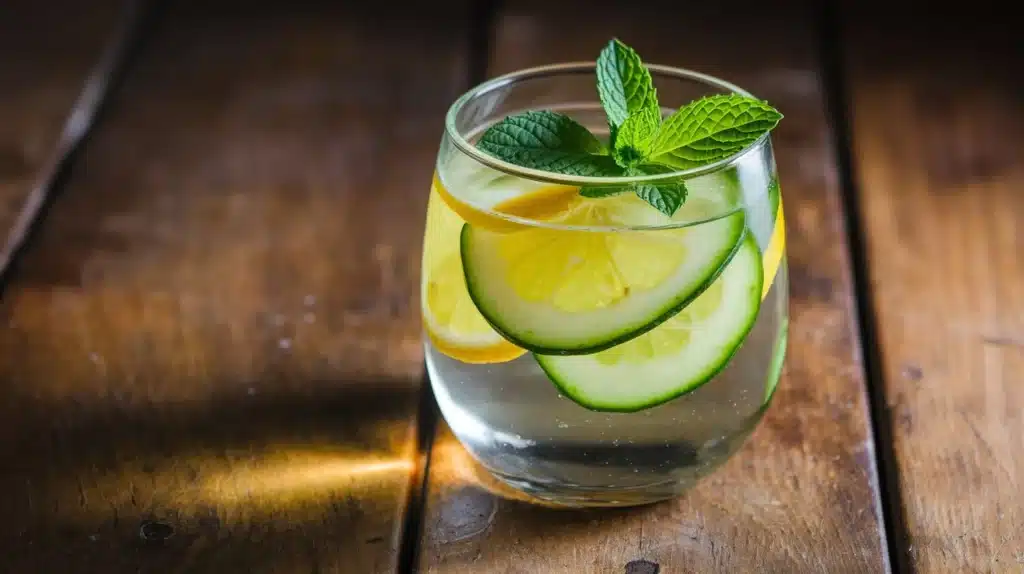 Refreshing cucumber lemon water with fresh cucumber and lemon slices, mint leaves, served in a clear glass on a wooden surface, evoking health and hydration.