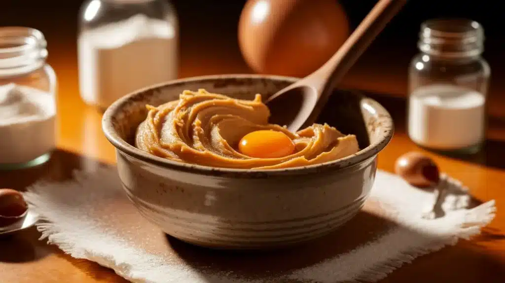 Mixing bowl with peanut butter cookie dough and wooden spoon, ready for Halloween cookies.
