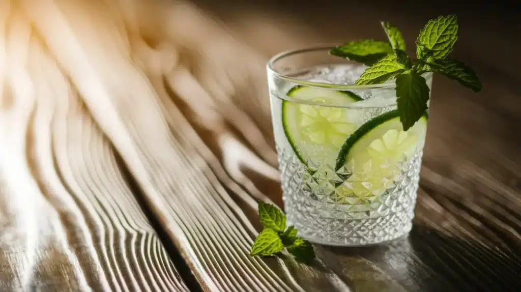 A chilled glass of cucumber lemon water, with cucumber and lemon slices floating, garnished with mint leaves, placed on a wooden table for a fresh, healthy look.