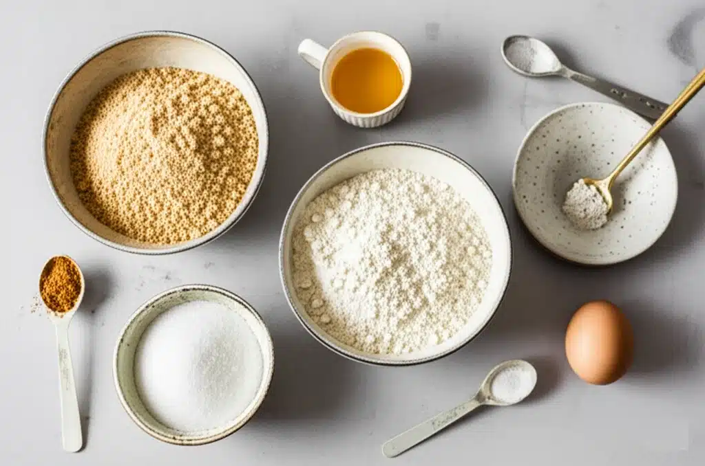  A collection of ingredients for Graham Cracker Cookies recipe laid out on a wooden surface, including graham cracker crumbs, flour, sugar, butter, cinnamon, baking soda, and eggs.