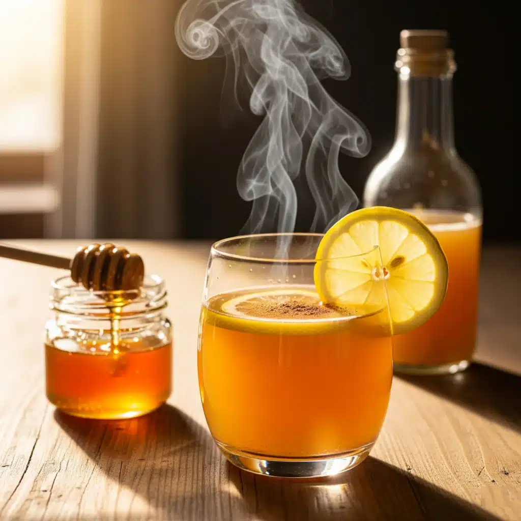 Clear glass mug containing a warm honey and apple cider vinegar beverage, topped with a lemon wedge and a cinnamon stick, sitting on a rustic wooden kitchen surface.