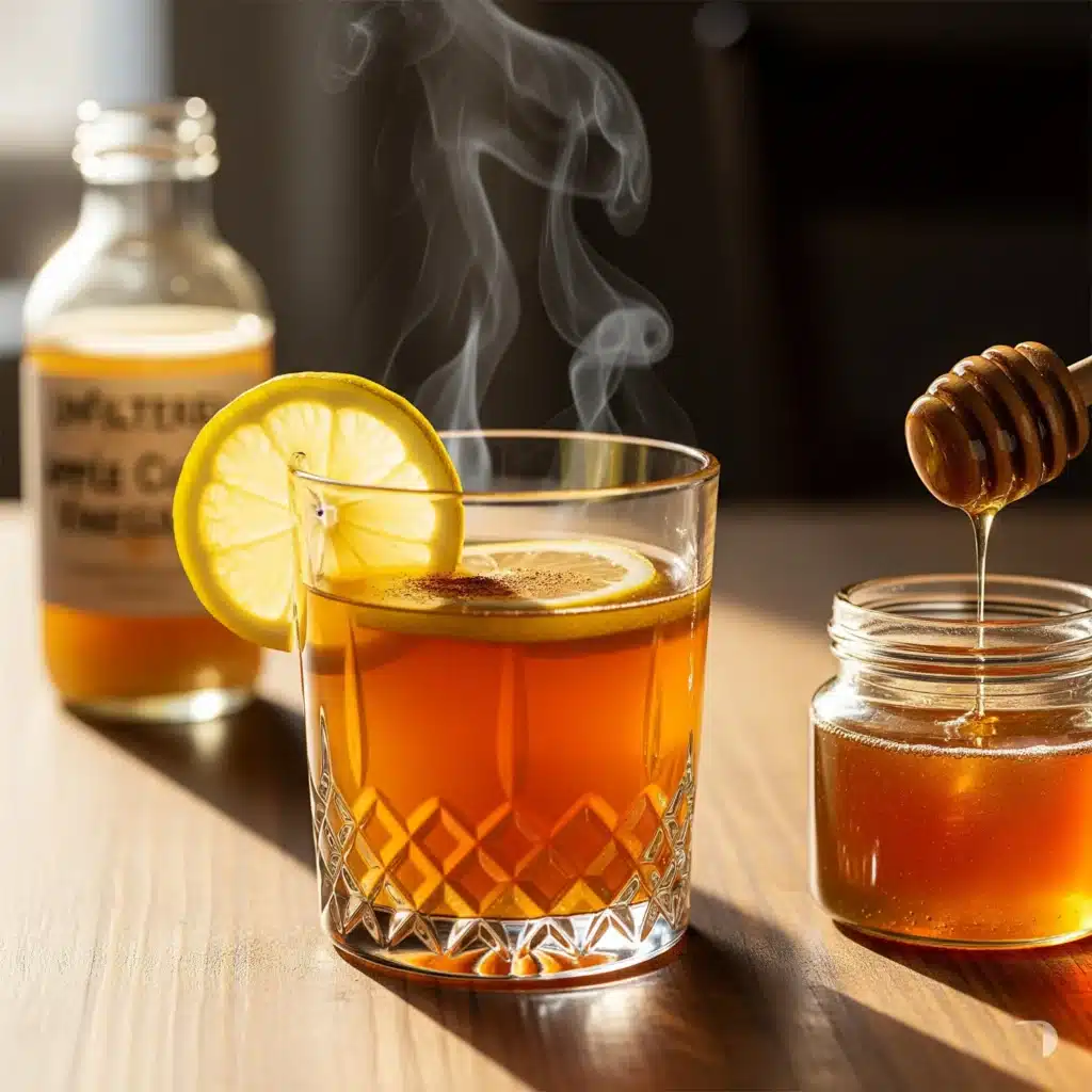 Glass mug of honey and apple cider vinegar drink with lemon slice and cinnamon on wooden kitchen table